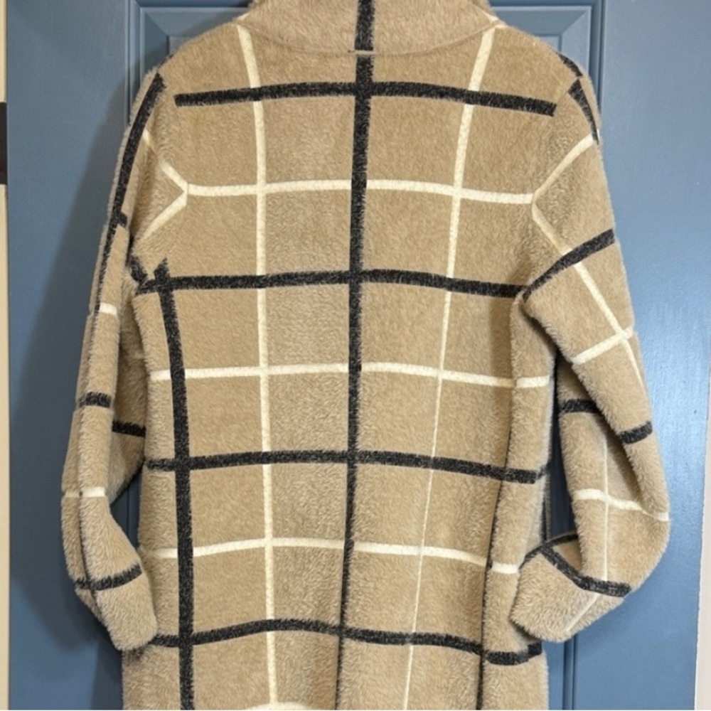 Anthro Teddy Coat Beige Plaid Fuzzy Jacket Cozy Longline Windowpane M - Picture 3 of 7